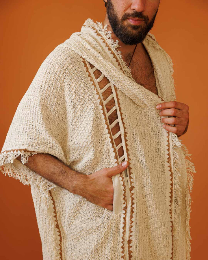 קימונו כותנת פיקה מקסי נטורל, בהדפס בלוק־פרינט ידני (חותמות עץ) לגבר