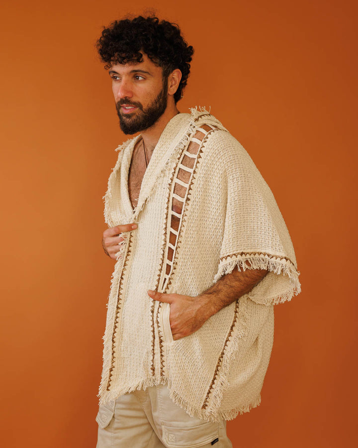 קימונו כותנת פיקה קצר נטורל, חיתוכי סולם, בהדפס בלוק־פרינט ידני (חותמות עץ) לגבר