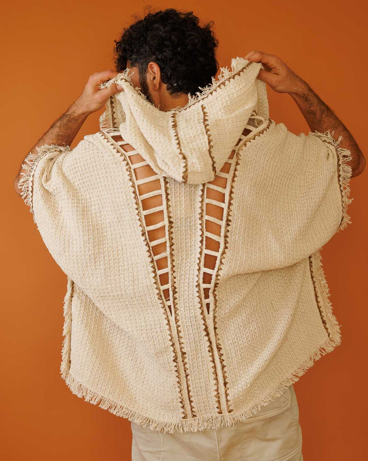 קימונו כותנת פיקה קצר נטורל, חיתוכי סולם, בהדפס בלוק־פרינט ידני (חותמות עץ) לגבר