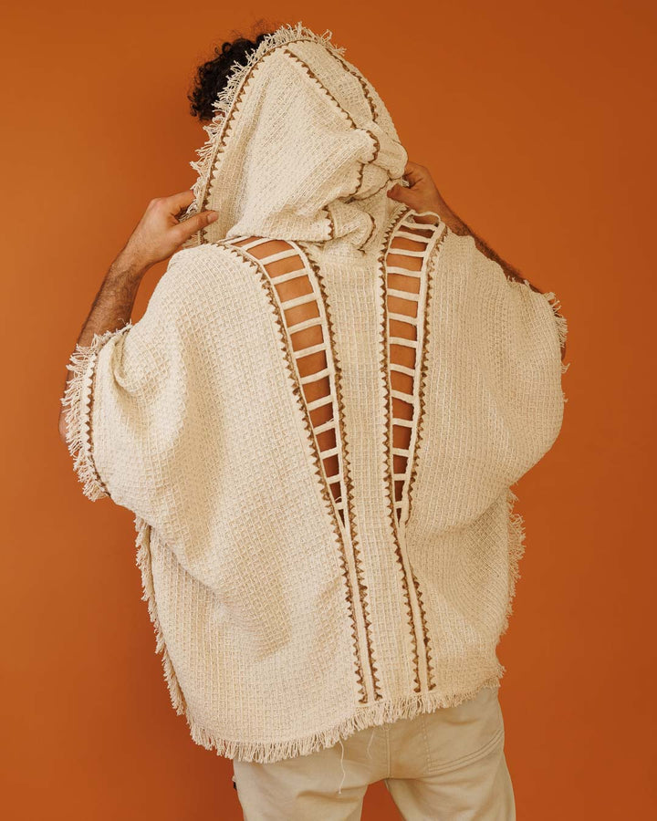 קימונו כותנת פיקה קצר נטורל, חיתוכי סולם, בהדפס בלוק־פרינט ידני (חותמות עץ) לגבר