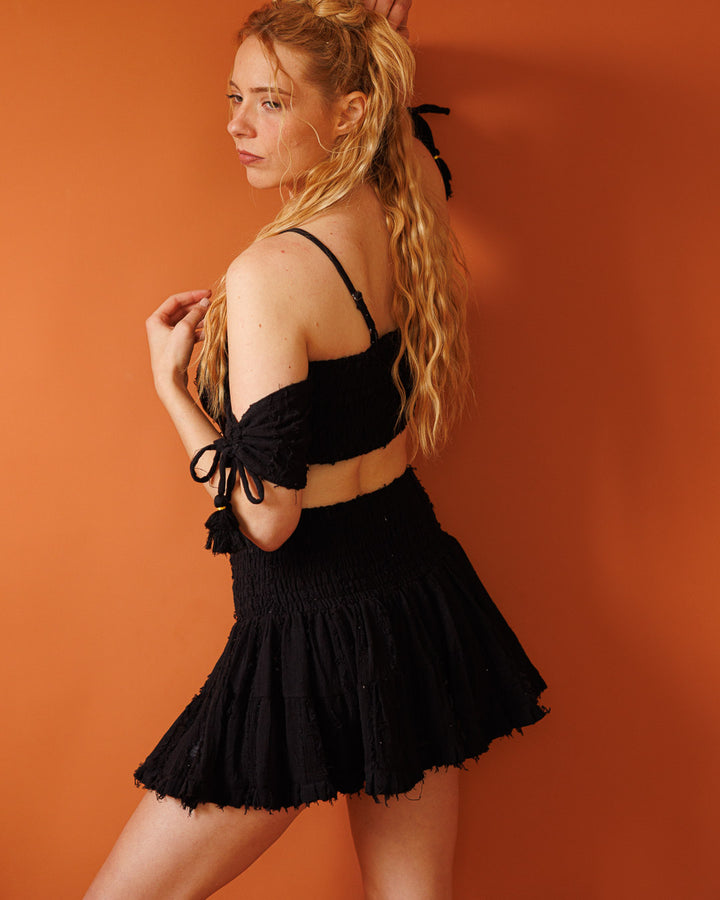 חצאית מיני, שחורה, כותנה פרנזים, 2 שכבות