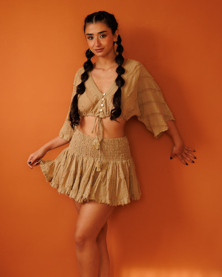 סט:  חולצת בטן כפתורים, שרוול מידי, כותנת פרנזים חאקי + חצאית מיני, חאקי, כותנה פרנזים, 2 שכבות