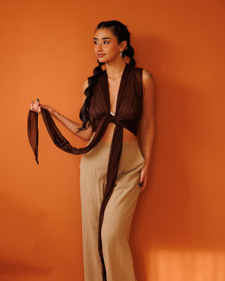 וסט, קימונו/חולצת קשירה כותנת במבו חומה לנשים