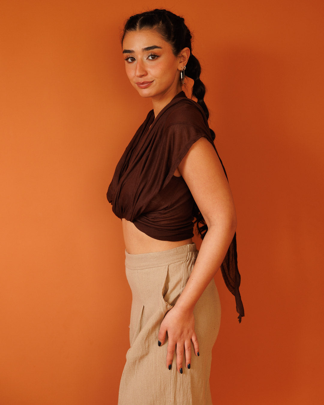 וסט, קימונו/חולצת קשירה כותנת במבו חומה לנשים