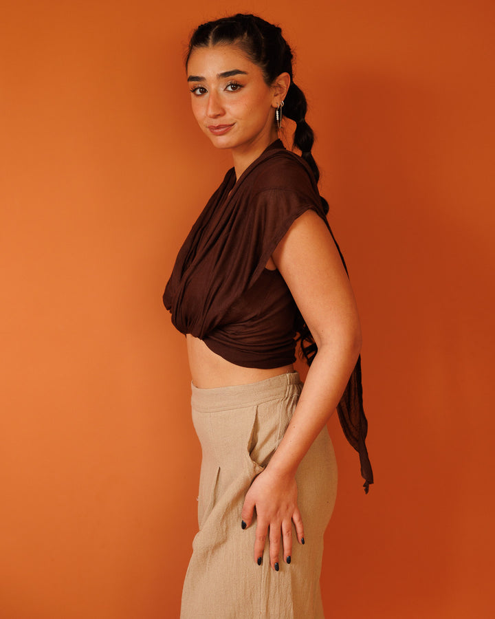 וסט, קימונו/חולצת קשירה כותנת במבו חומה לנשים