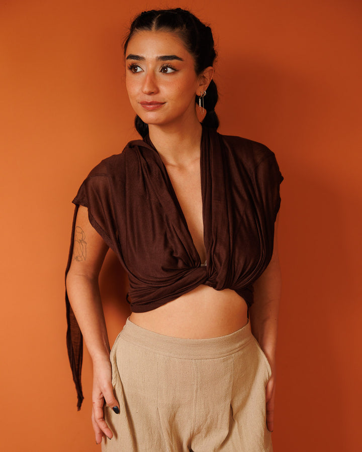 וסט, קימונו/חולצת קשירה כותנת במבו חומה לנשים