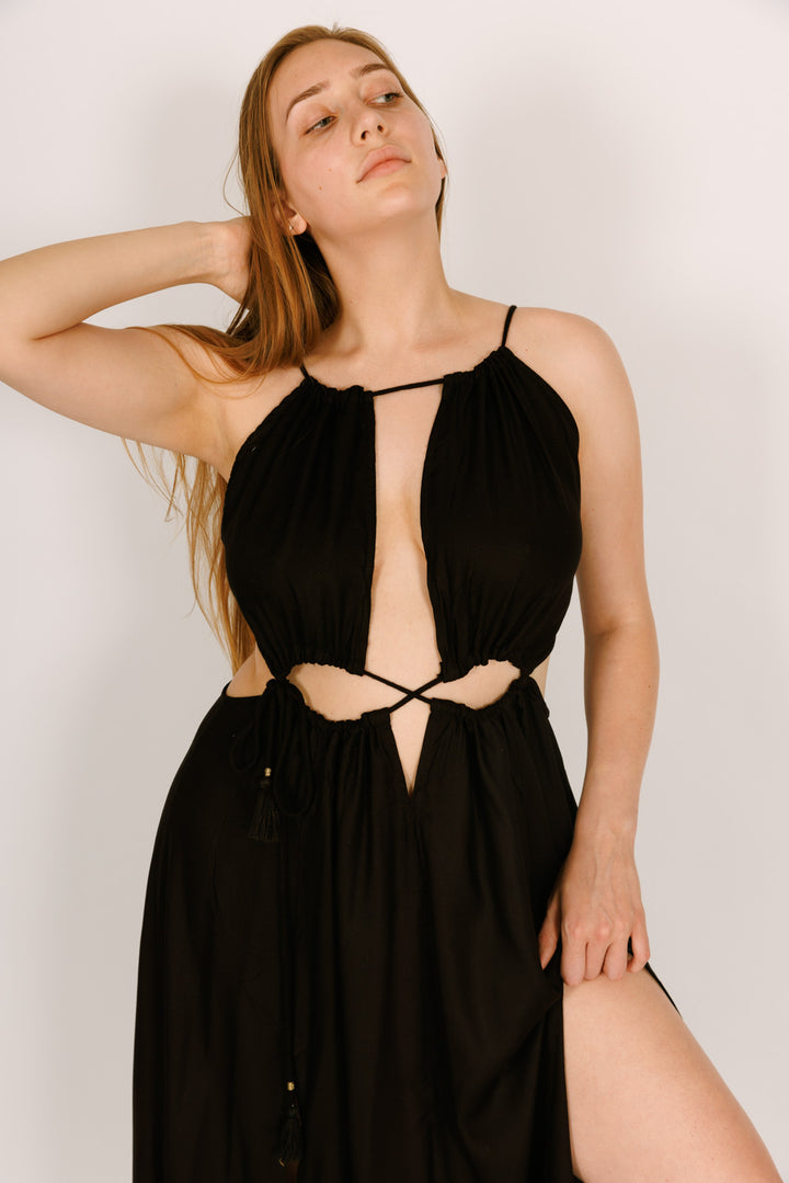 שמלת מקסי חורים שחורה