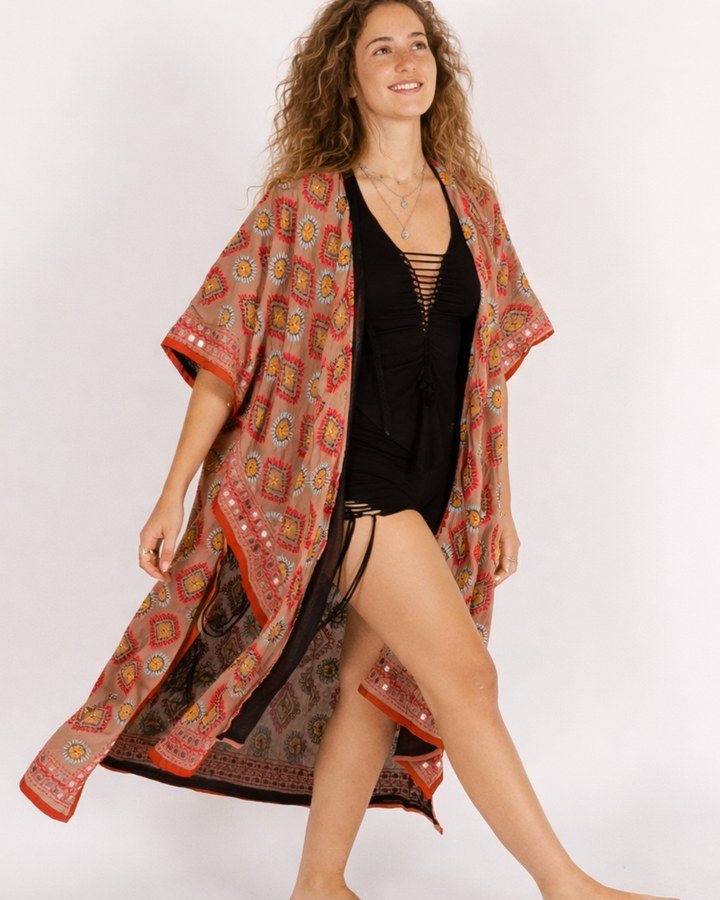 קימונו מקסי רקמה ורוד2, יחיד מסוגו, שרוול קצר לאישה