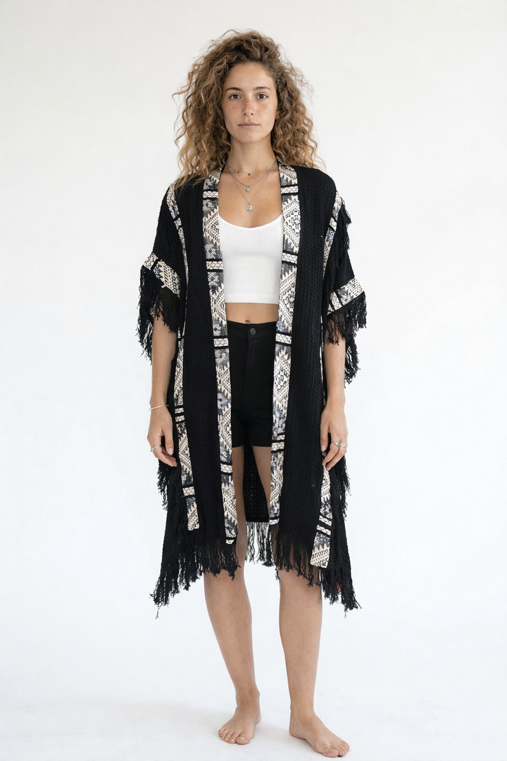 ז'קט פיקה, קימונו חורפי, שבטי בצבע שחור לאישה- בורדר שחור מנצנץ