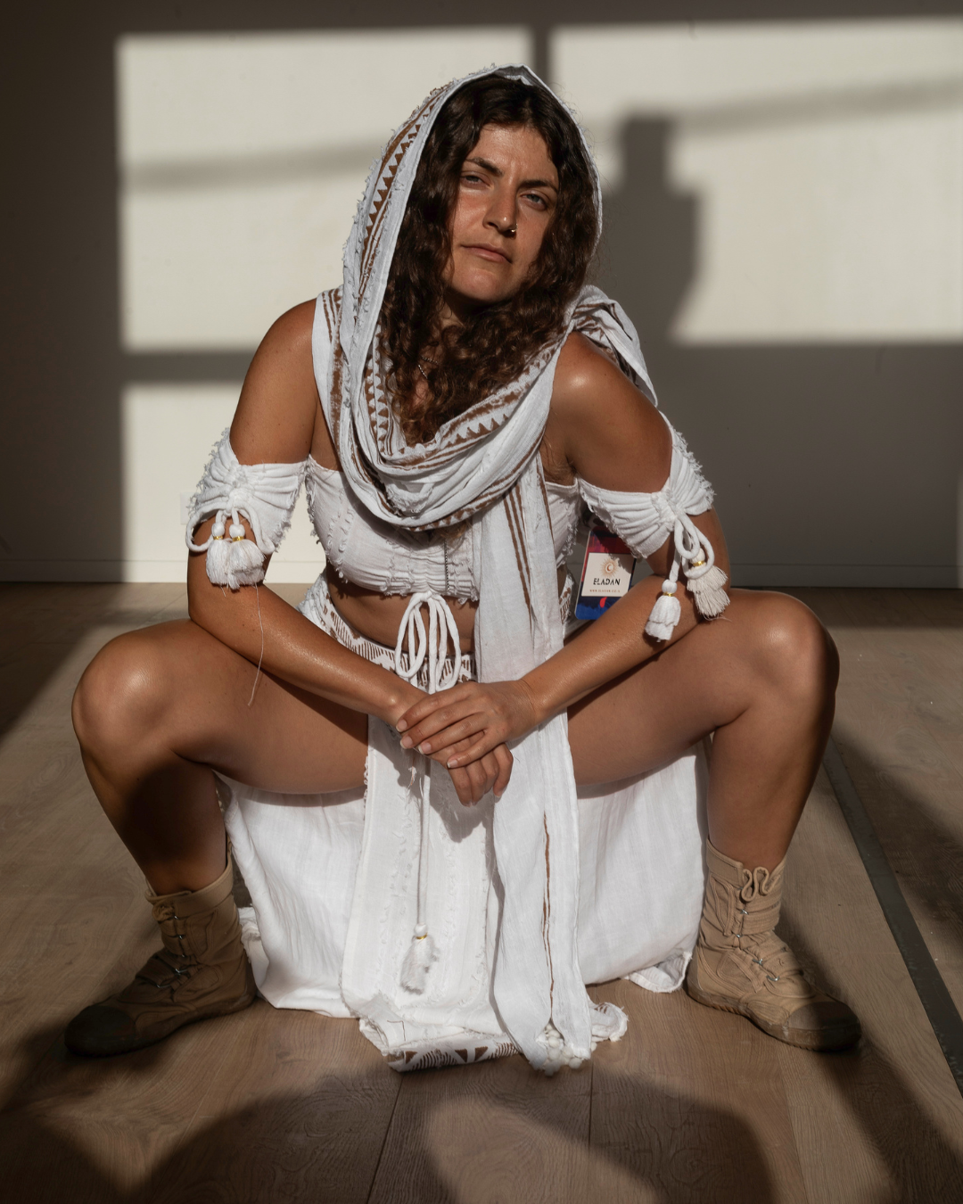 צעיף כותנה פרנזים לבן - זיגזג