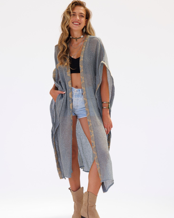 קימונו רשת אפור עכבר - בורדר בז' אפור לאישה