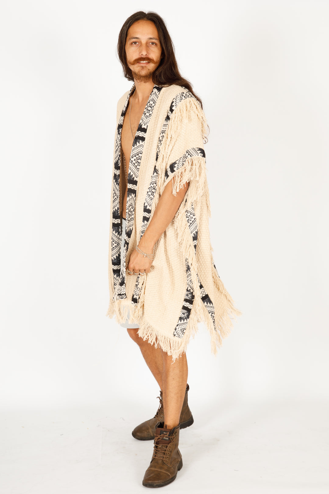 אלעדן - ג'קט קימונו בצבע נטורל/ לבן שבטי, למסיבות, פסטיבלים, ג'קטים מחממים לגבר ולאישה