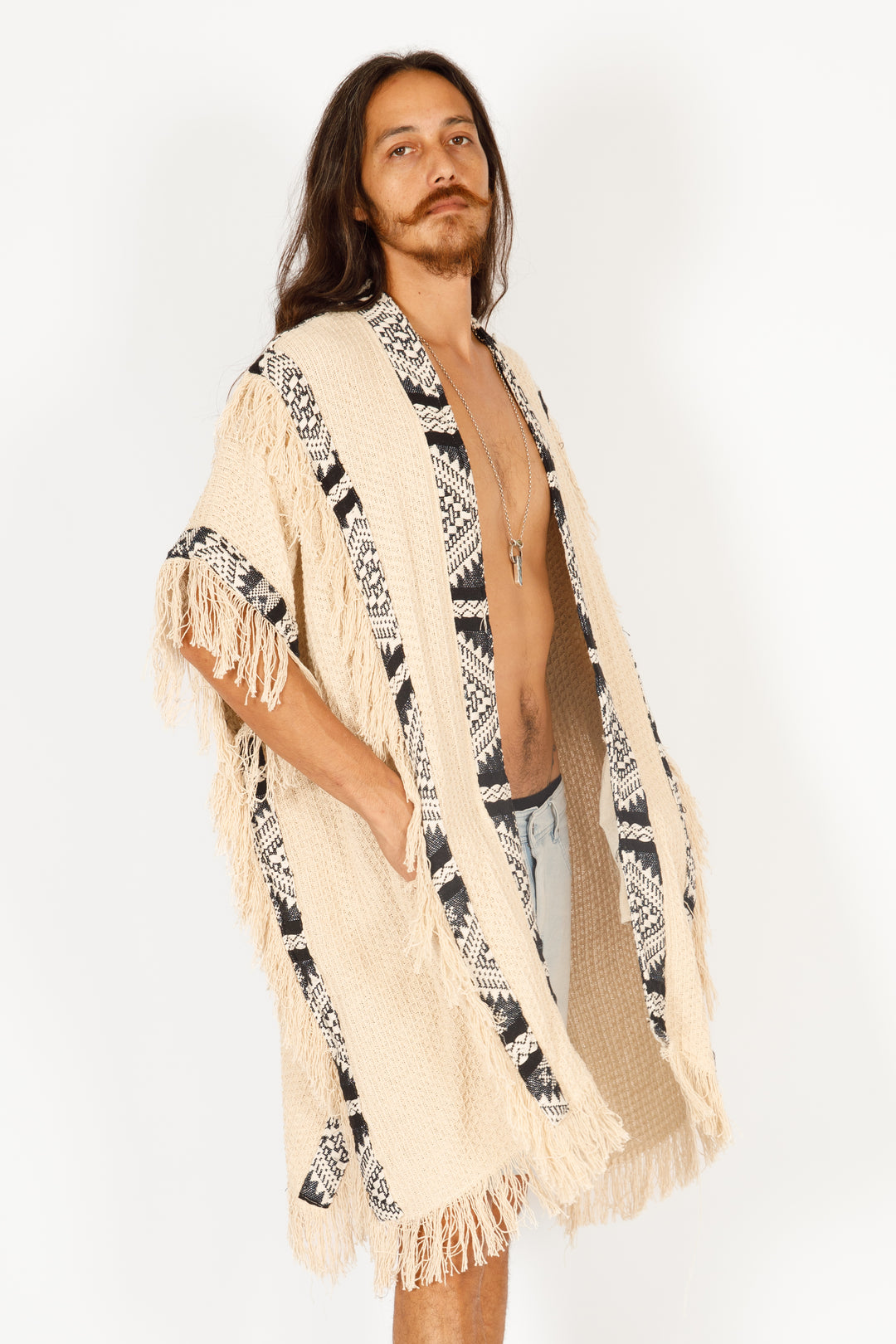 אלעדן - ג'קט קימונו בצבע נטורל/ לבן שבטי, למסיבות, פסטיבלים, ג'קטים מחממים לגבר ולאישה