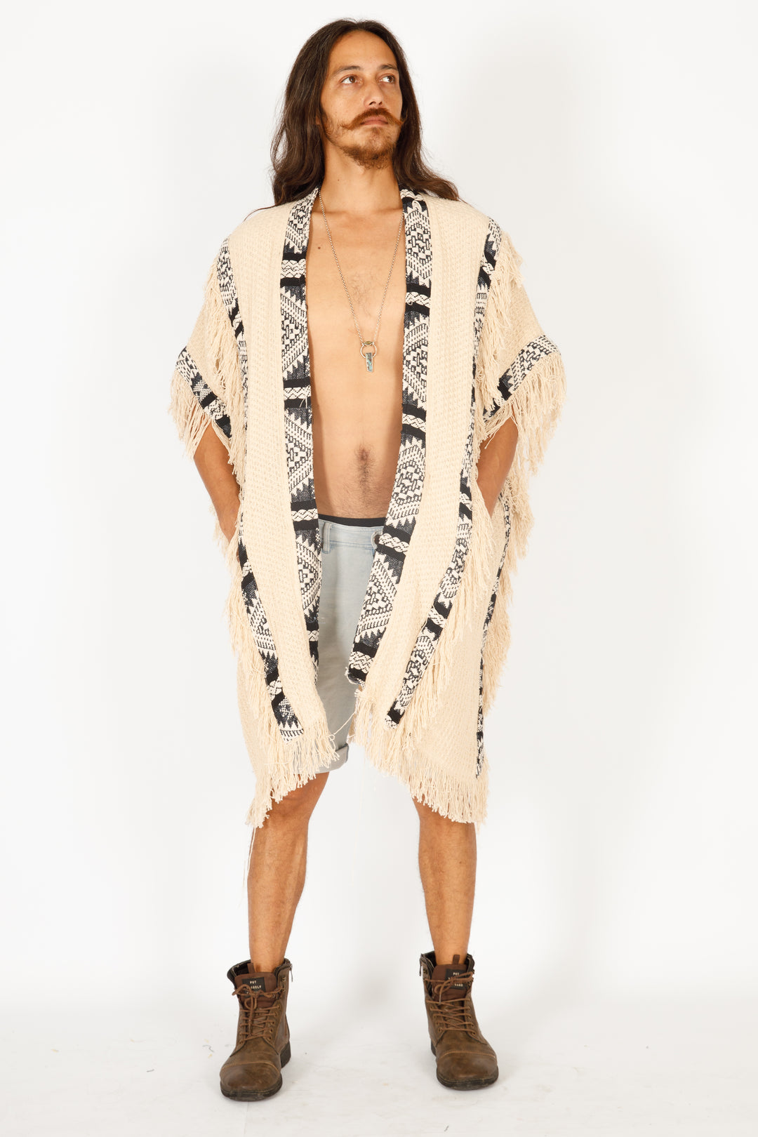 אלעדן - ג'קט קימונו בצבע נטורל/ לבן שבטי, למסיבות, פסטיבלים, ג'קטים מחממים לגבר ולאישה