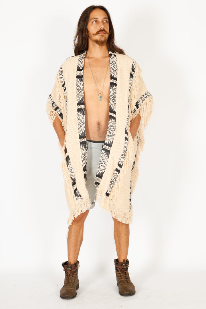 אלעדן - ג'קט קימונו בצבע נטורל/ לבן שבטי, למסיבות, פסטיבלים, ג'קטים מחממים לגבר ולאישה