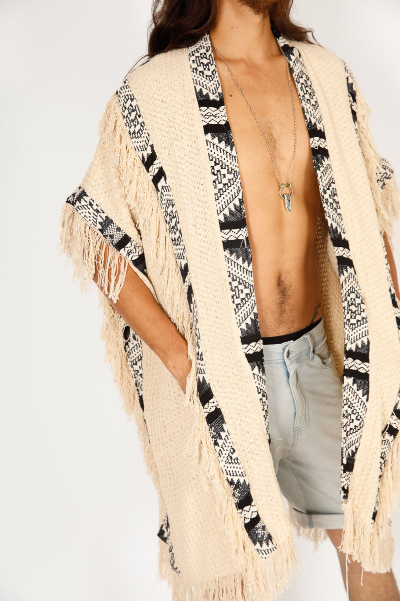 אלעדן - ג'קט קימונו בצבע נטורל/ לבן שבטי, למסיבות, פסטיבלים, ג'קטים מחממים לגבר ולאישה