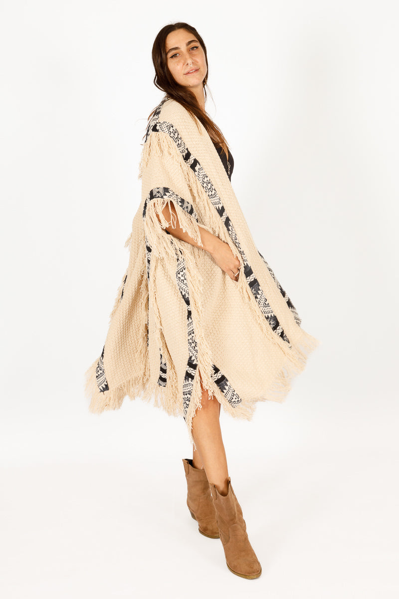 ז'קט פיקה, קימונו חורפי, שבטי בצבע נטורל לאישה- בורדר שחור מנצנץ