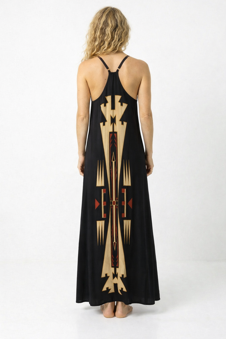 שמלה מקסי ויסקוז שחורה, שסעים, בהדפס שבטי שמנת- אדום