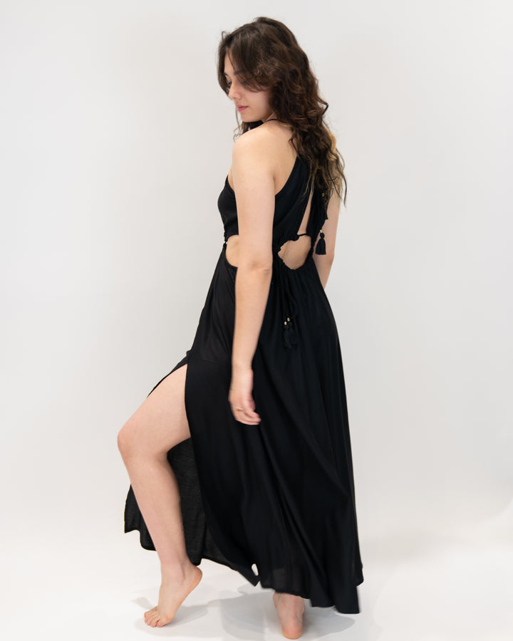 שמלת מקסי חורים שחורה