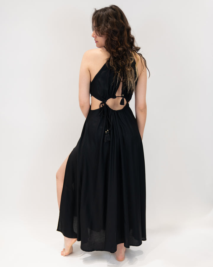 שמלת מקסי חורים שחורה