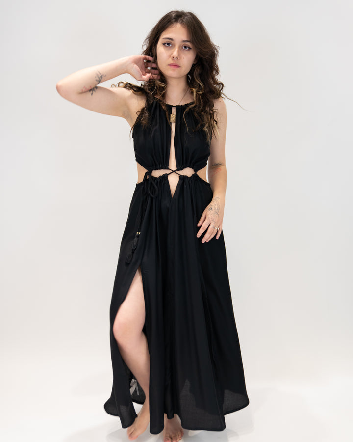 שמלת מקסי חורים שחורה