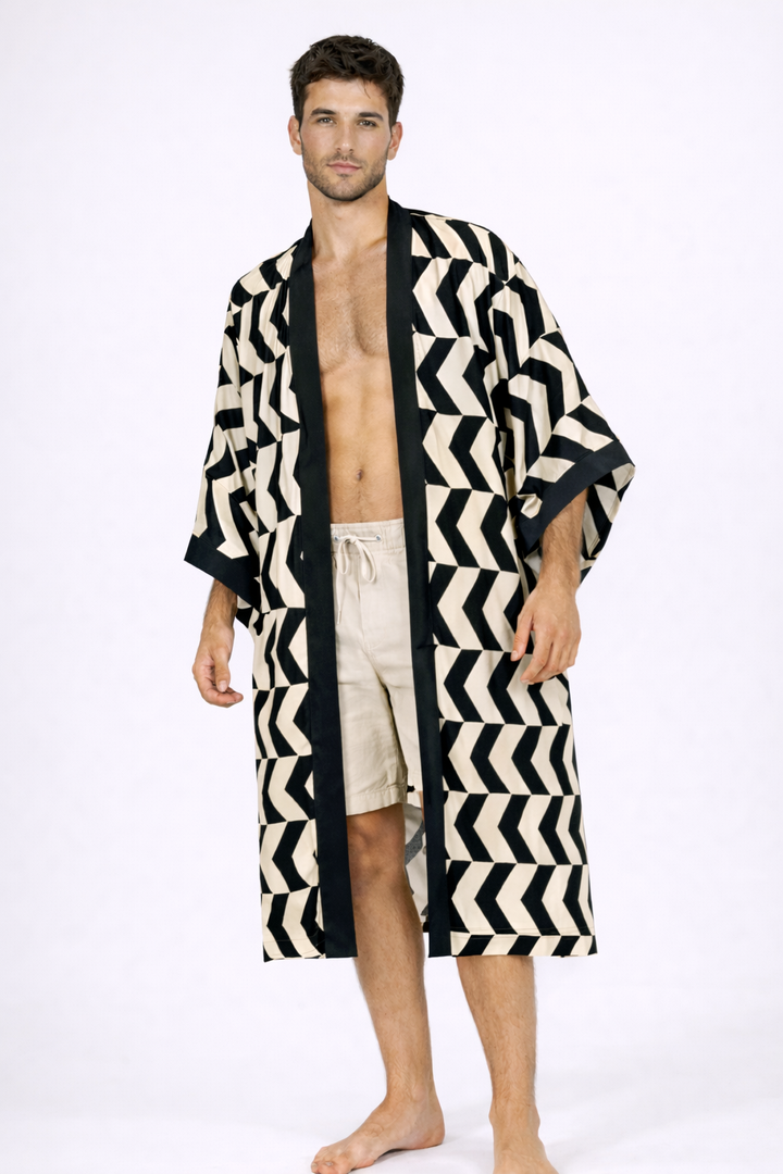 קימונו/ עליונית ויסקוז, שחורה נטורל זיגזג לגבר