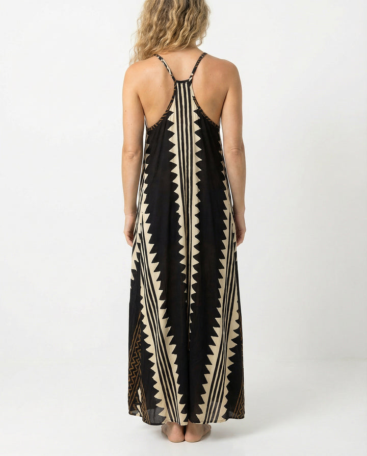 שמלה מקסי ויסקוז שחורה, שסעים, בהדפס פסים שבטי