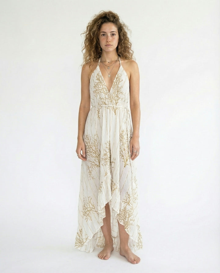 שמלת מקסי קשירה מלמלה לבנה אלמוג זהב