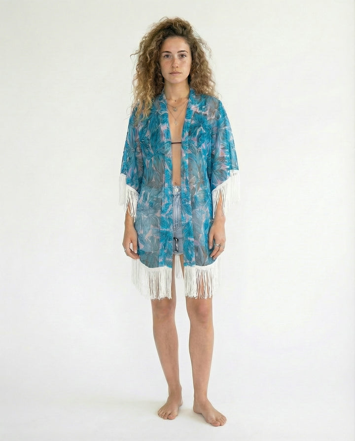 עליונית/ קימונו פרנזים, רשת, כחול-לבן פרחוני לאישה