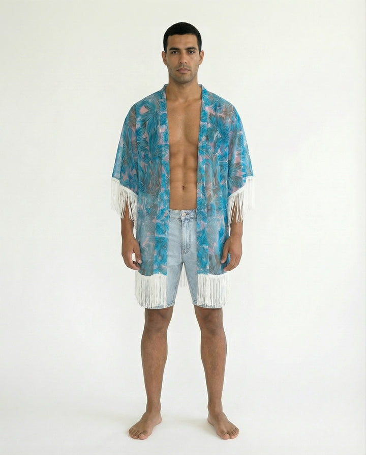 עליונית/ קימונו פרנזים, רשת, כחול-לבן פרחוני לגבר