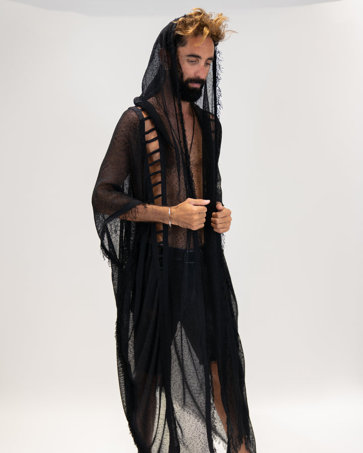 קימונו רשת שחור עם כובע לגבר