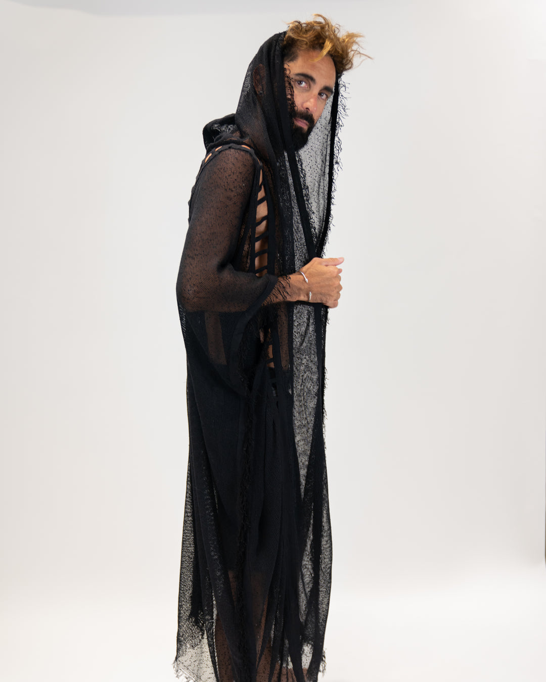 קימונו רשת שחור עם כובע לגבר