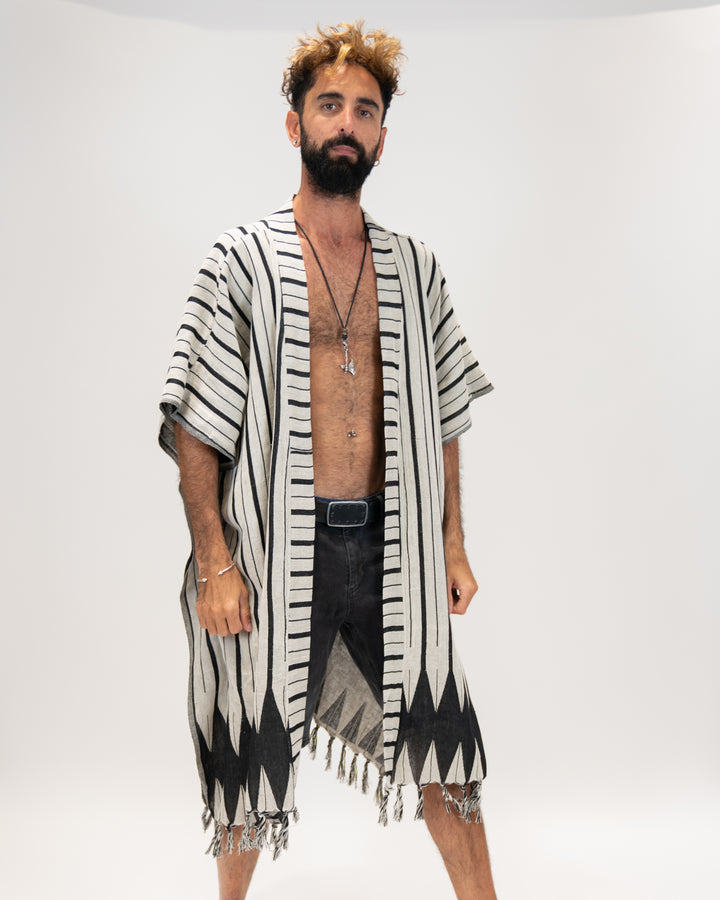 קימונו כותנה פסים, אפור שחור לגבר
