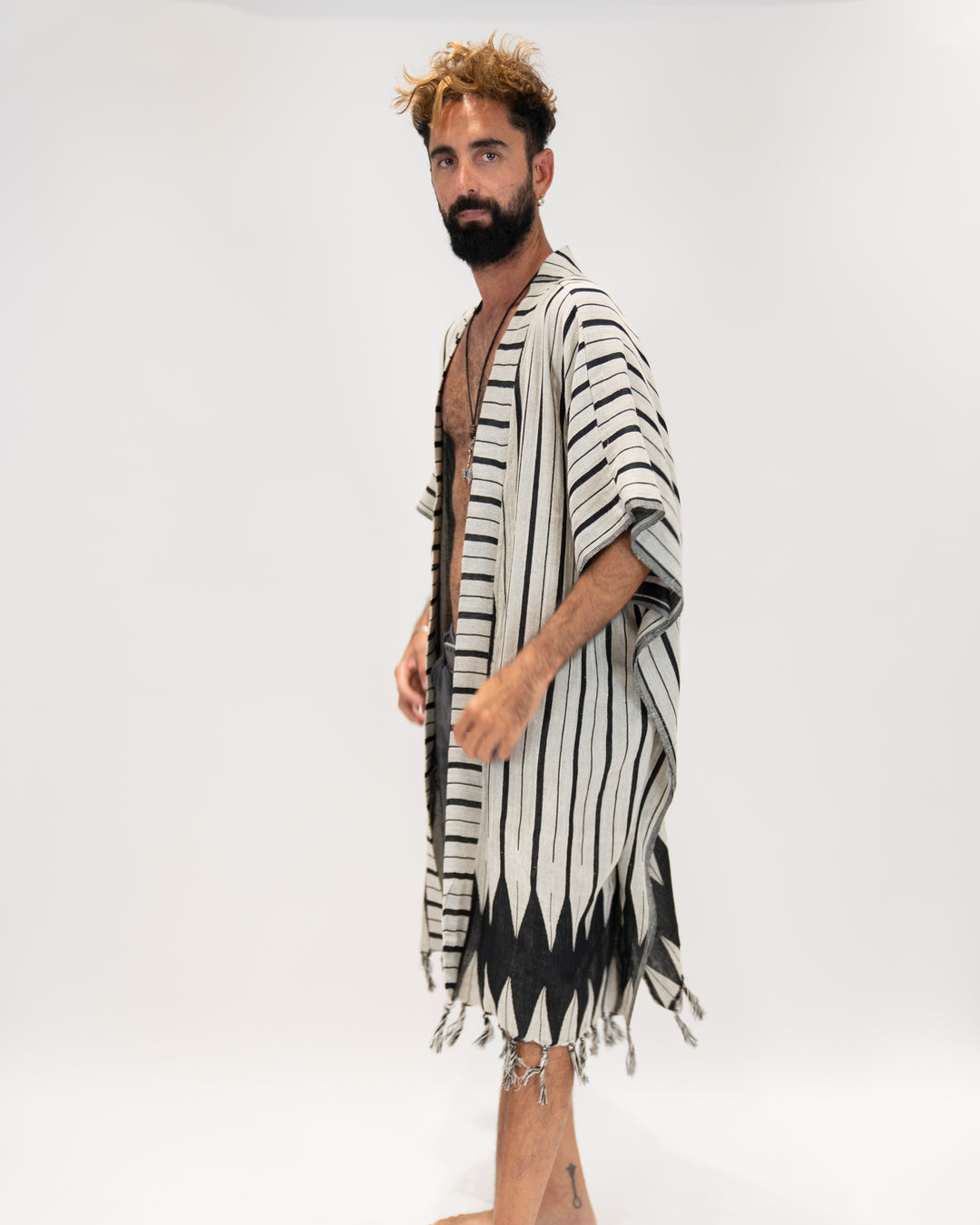 קימונו כותנה פסים, אפור שחור לגבר