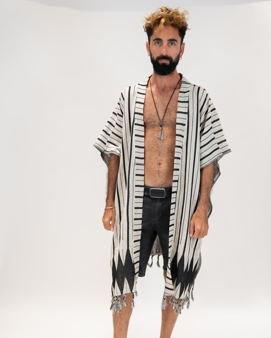 קימונו כותנה פסים, אפור שחור לגבר
