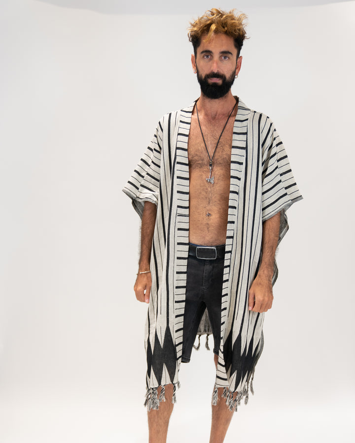 קימונו כותנה פסים, אפור שחור לגבר