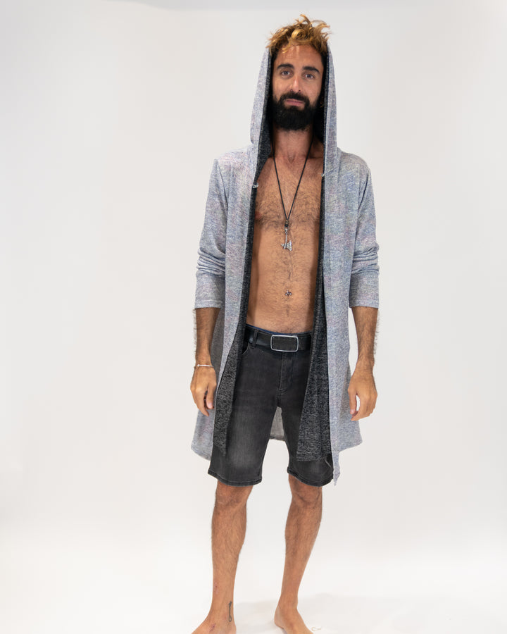 קימונו מחמם, כחול אדום מנצנץ - 2 שכבות כותנת לייקרה, כובע לגבר