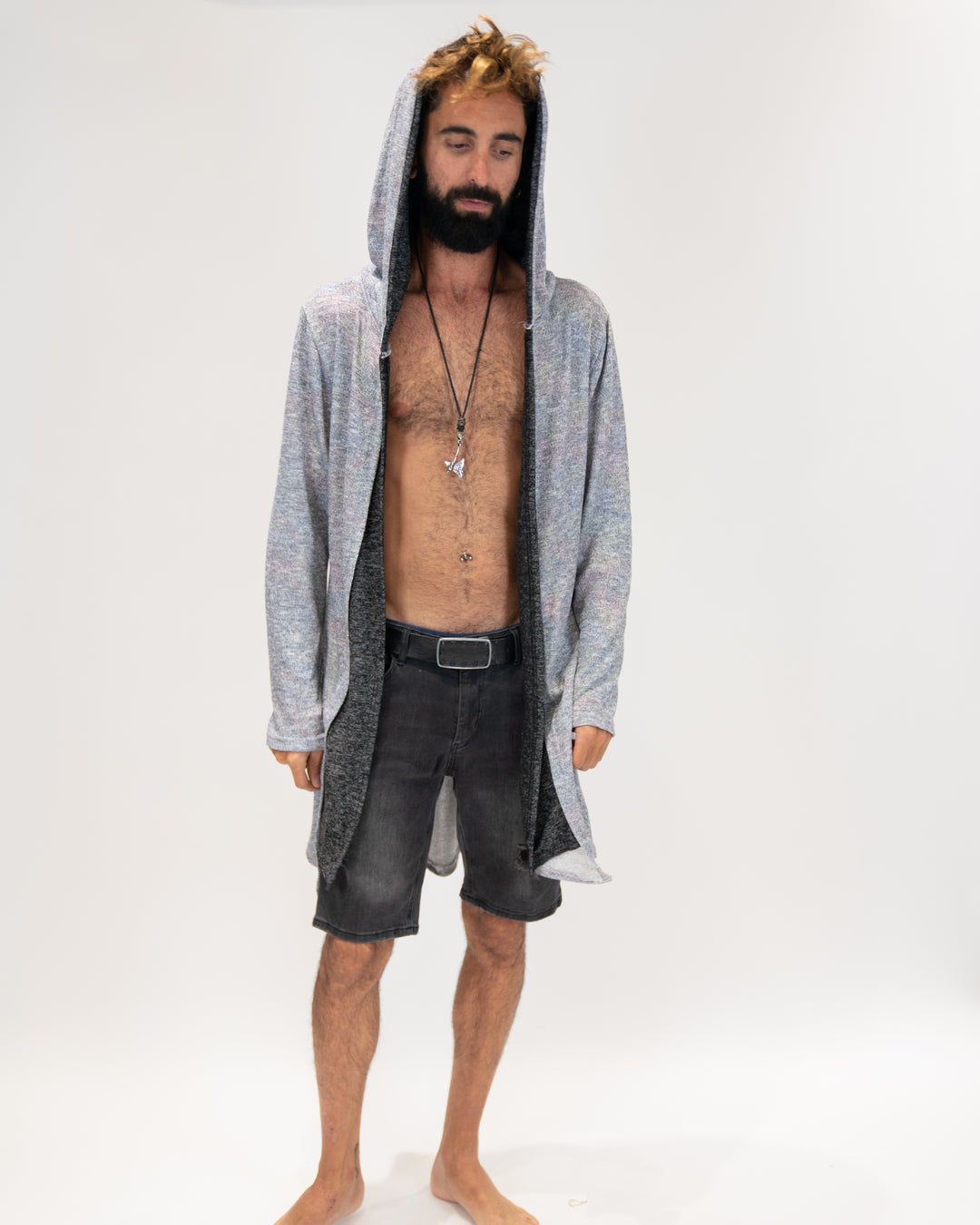 קימונו מחמם, כחול אדום מנצנץ - 2 שכבות כותנת לייקרה, כובע לגבר