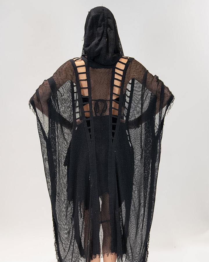 קימונו רשת שחור עם כובע לאישה