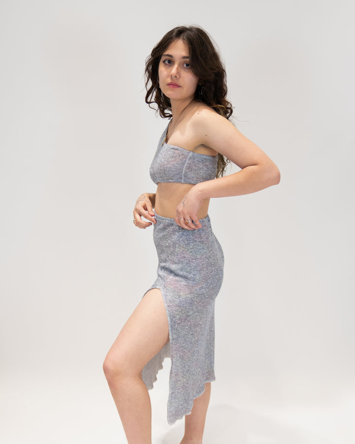 שמלה כתף אחת, כותנה לייקרה כחול אדום מנצנץ, שקופה, שסע צידי
